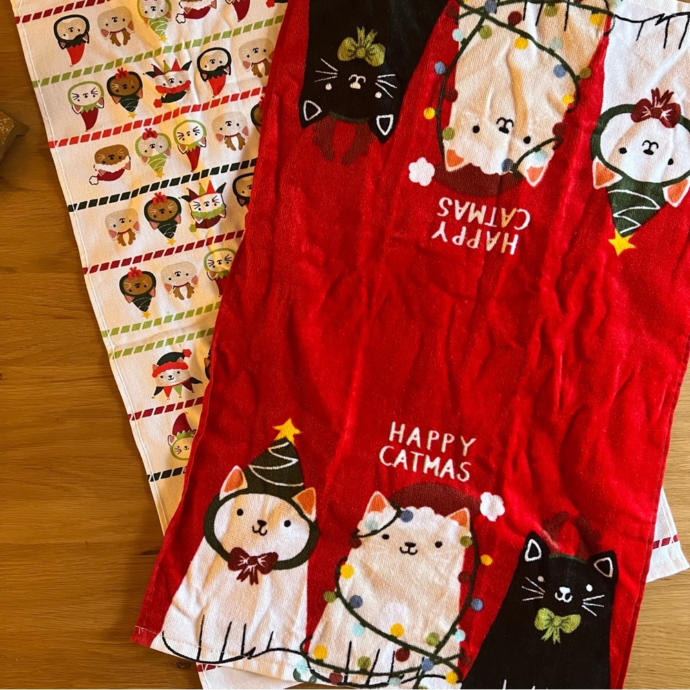 Set of 2 Cotton Christmas Kitchen Towels “Happy Catmus” // 16”x 25.5”